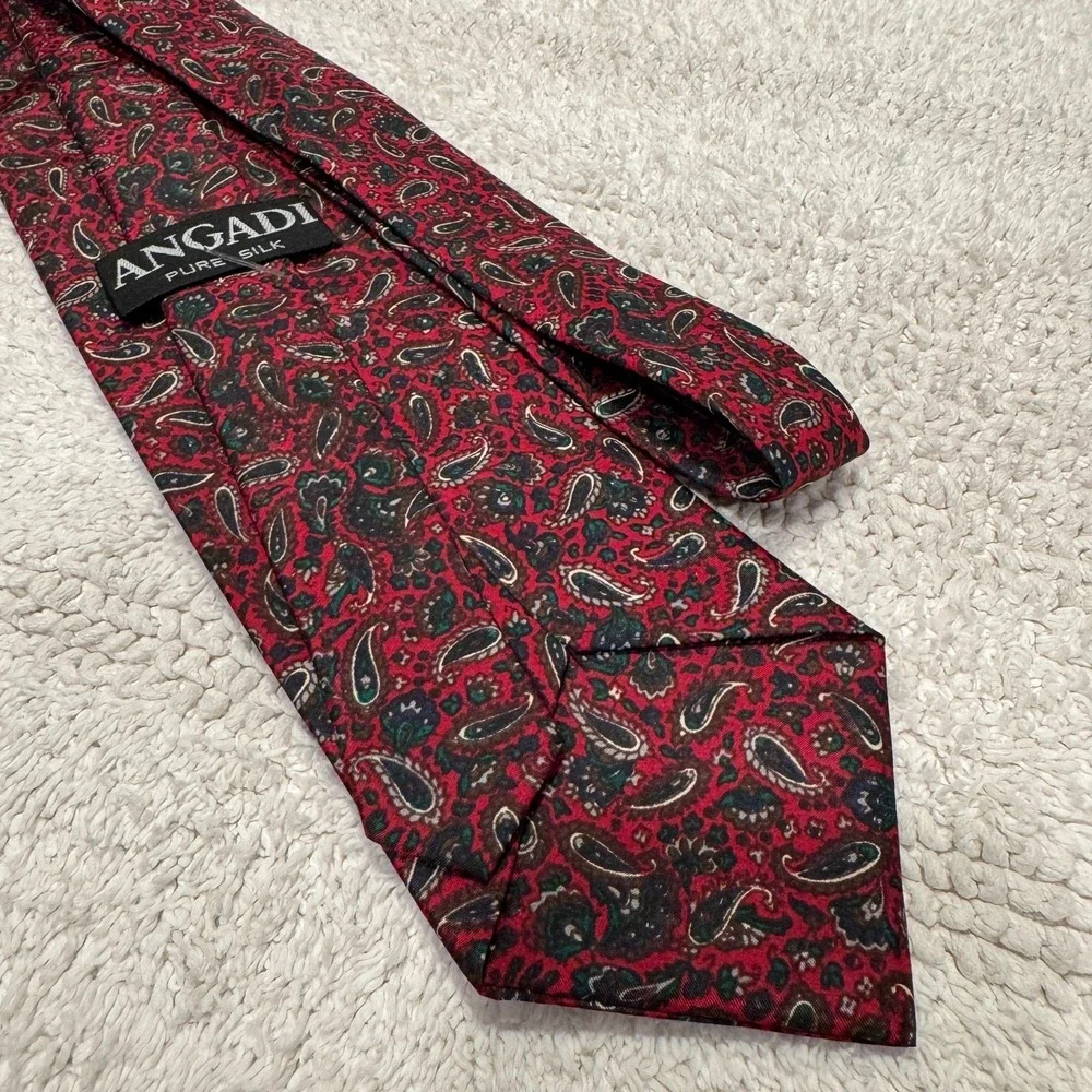 Angadi Tie Red Paisley 100% Silk Floral Grunge Necktie Vintage Casual Burgundy‎